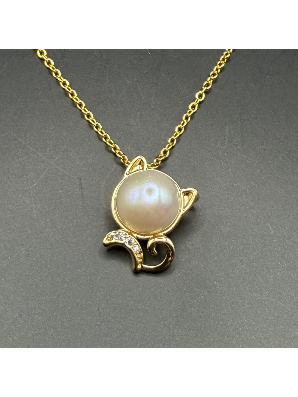 candy+clover elite freshwater pearl kitty cat gold plated pendant w/free chain